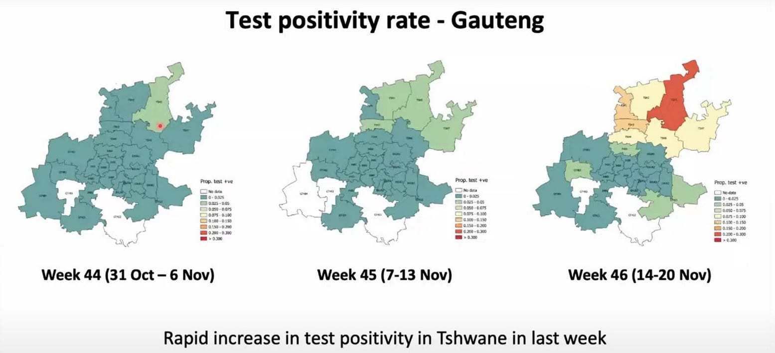 Three images of Gauteng province. On the left hand side there is minimal test positivity, on the right there is high positivity in the north.