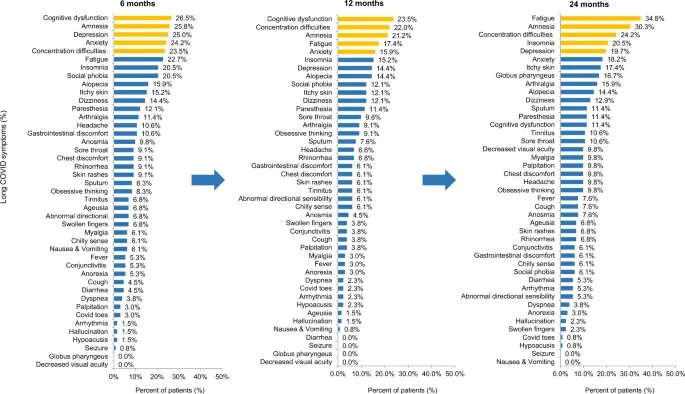 A bar graph version of the table which follows this image detailing Long COVID symptoms after 6, 12, and 24 months