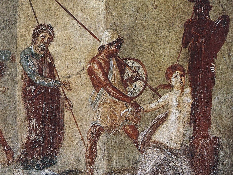 An ancient mural featuring Cassandra of Troy being brought before her father Priam by Ajax for prophesying the fall of T