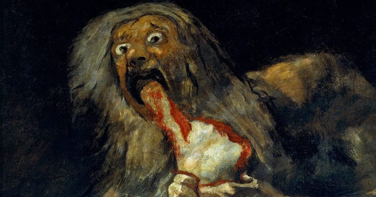 A crop of Goya's Saturn Devouring His Son. Only Saturn's son, shoulders and the bottom of his hands are visible.