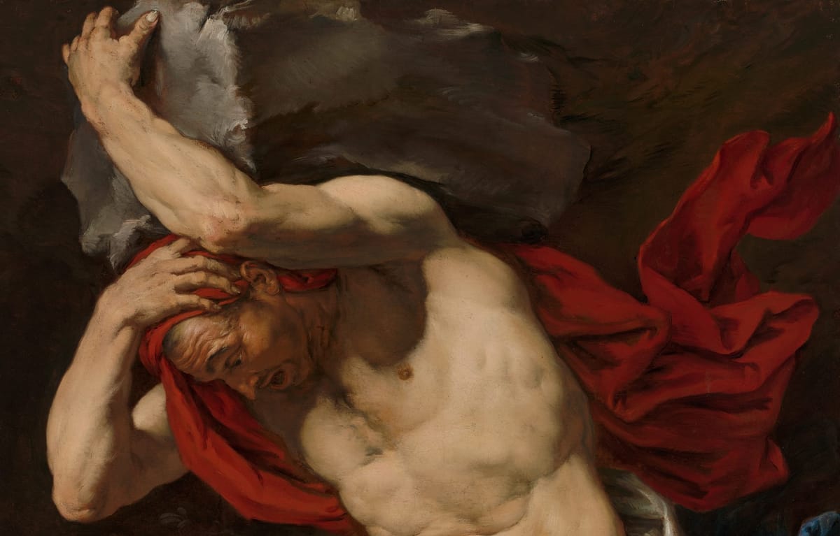 A crop of painting by Antonio Zanchi (ca. 1660) of Sisyphus, a shirtless man struggling to lift a boulder overhead.