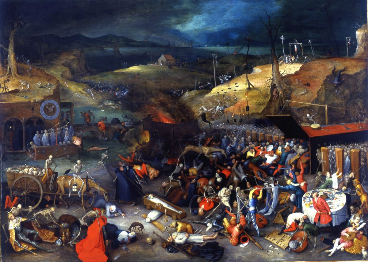 An oil painting of a scene of chaos in Renaissance Europe depicting a field of dead trees and human bodies being burned.