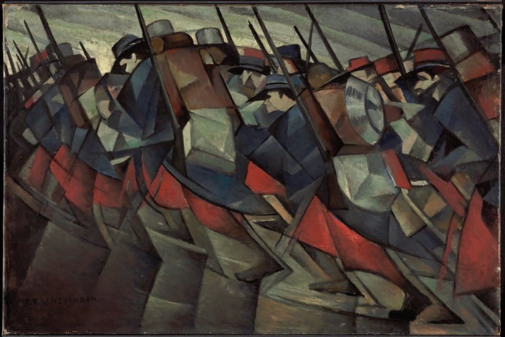 A highly geometrically stylized picture of World War 1 soldiers marching. The colors are darker hues.