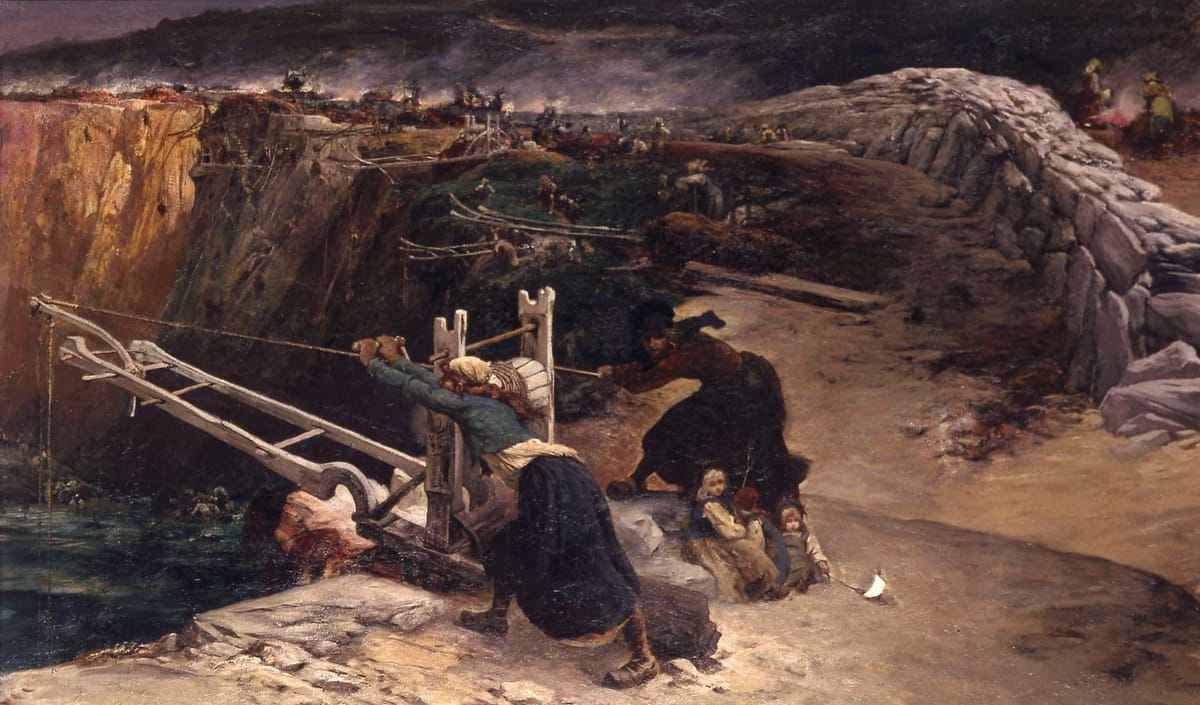 A painting of 19th century workers operating cranes to retrieve kelp from a beach.